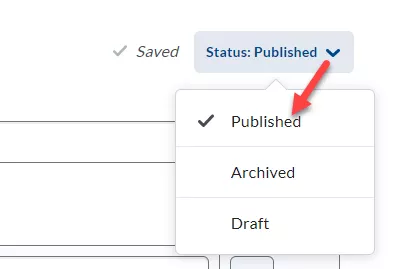 Screenshot of the rubric status menu with a red arrow pointing to the Published option which has a tick mark beside it.