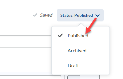 Screenshot of the rubric status menu with a red arrow pointing to the Published option which has a tick mark beside it. 