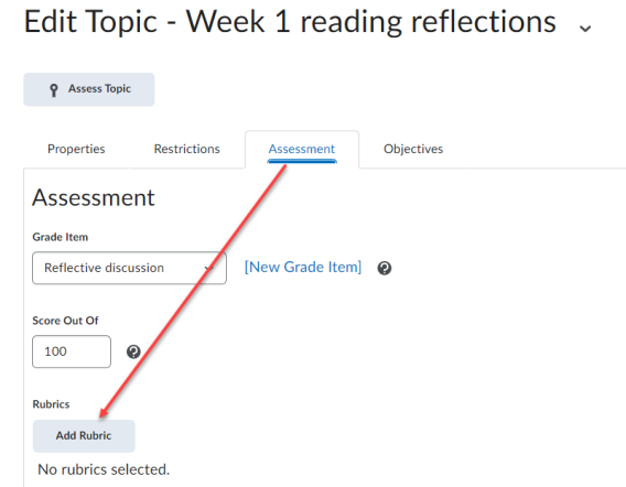 Scrrenshot of Edit Topic menu with a red arrow pointing to the Add Rubric button