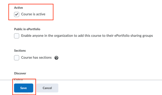 Screenshot of Active with 'Course is active' tickbox ticked