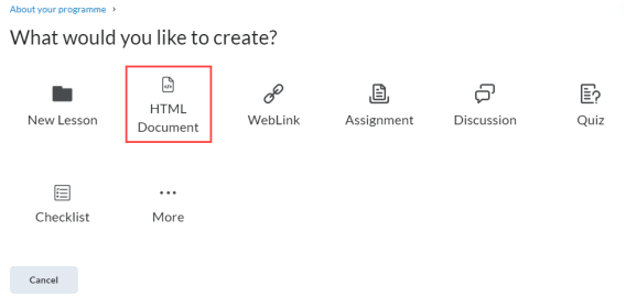 Screrenshot of options when you click 'Create New' with the HTML Document highlighted.