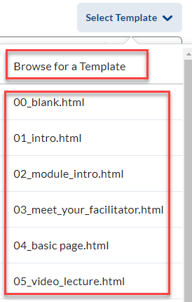 Screenshot of dropdown of HTML template types with the various template descriptions highlighted.
