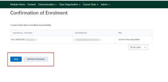 Screenshot showing the confirmation of enriolment page with the Done and Add More Participants buttoned highlighted.
