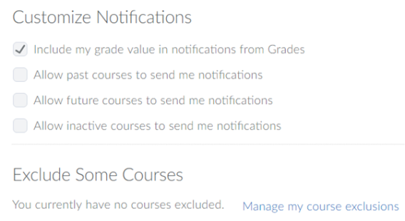 Screenshot of the Customise Notifications info, with checkbox options;
