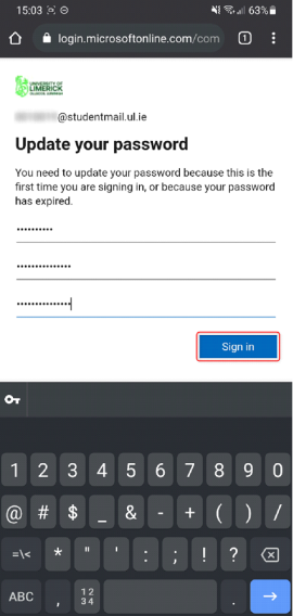 Password update screen