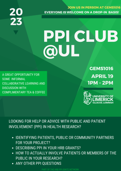 PPI Club Poster for 19th April 2023 1-2pm in GEMS1016 with complimentary Tea & Coffee