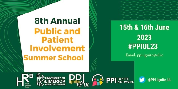 8th Annual Public and Patient Involvement Summer School 15th & 16th June 2023 Funder logos at the bottom of poster.