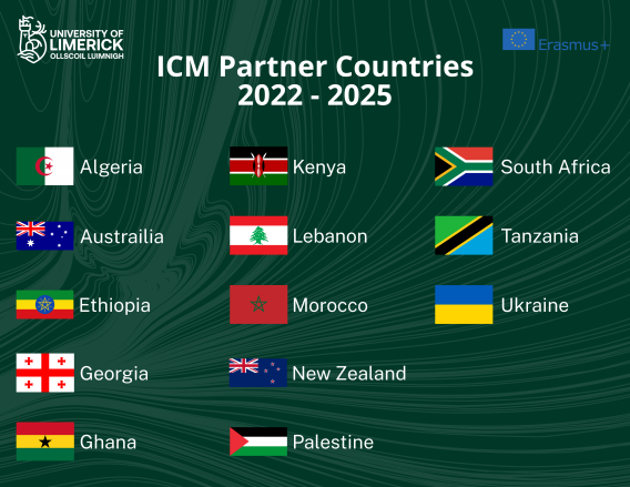 Green infographic including the Erasmus+ International Credit Mobility partner countries 2022-2025: Algeria, Australia, Ethiopia, Georgia, Ghana, Kenya, Lebanon, Morocco, New Zealand, Palestine, South Africa, Tanzania, Ukraine