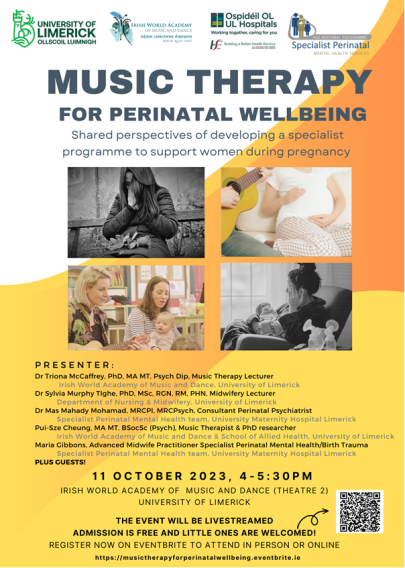 Music Therapy for Perinatal Wellbeing flyer with QR code to access eventbrite