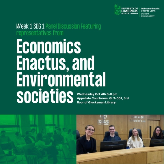 Promotional poster for the SDG 1 panel discussion featuring Economics, Enactus, and Environmental societies