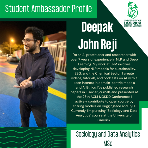 Deepak John Reji's bio summarising his career and interest in AI and data analytics leading to his studies in MSc in Sociology and Data Analytics