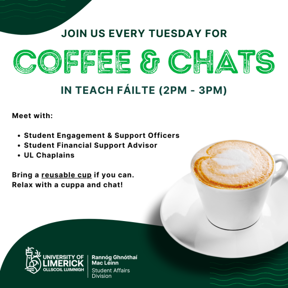 Image of coffee cup, text highlighting coffee and chats event in Teach failte every Tuesday from 14.00 - 15.00