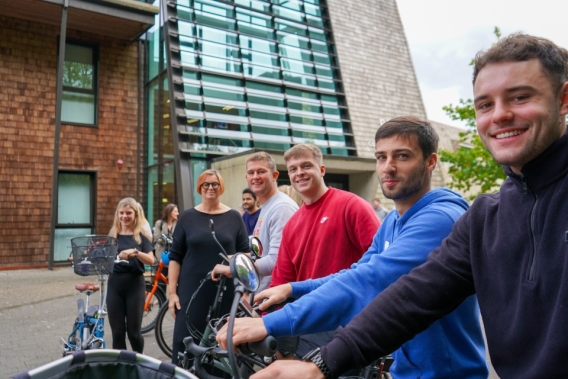 Kerstin Mey, President of UL with students on bikes at the launch of bike rental scheme 