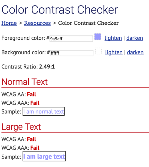 This screenshot shows the webaim.org color contrast checker comparing two colors (lavender text on pure white background) that fail the WCAG 2.0 color contrast guidelines at all levels and text sizes, because the contrast ratio is less than 3 to 1​​​​