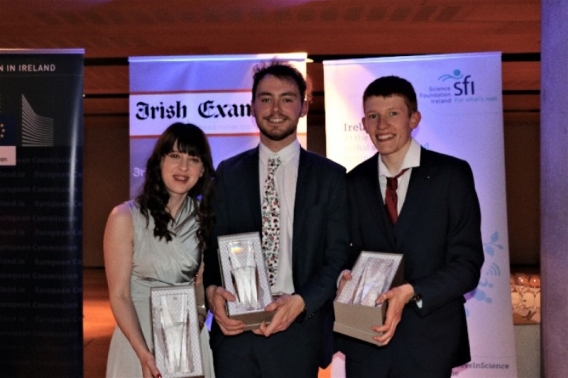 UL Journalism students Frances Watkins, Editor, Limerick Voice 2019, Emil Trahan (Radio Production of the Year) and Ivan Smyth accepting the Award for An Focal at the National Student Media Awards in the Aviva Stadium, Dublin