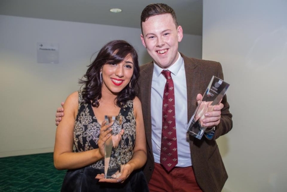 Mark Boylan after winning Sports Reporter of the Year at the 2018 Smedia Awards with Marisa Kennedy