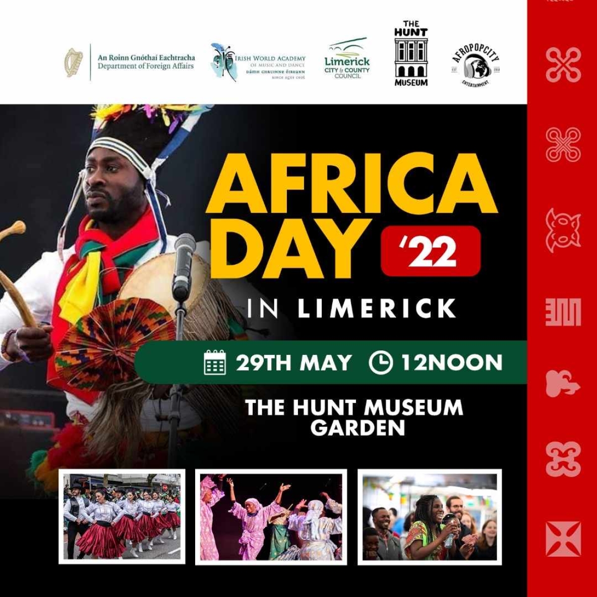 Poster for Africa Day with image of man in traditional outfit and logos of Irish World Academy and other organisers