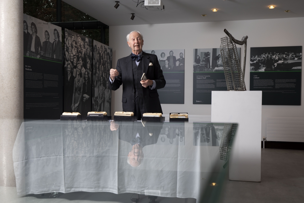 A picture of Dr Ed Walsh, founding president of University of Limerick, with his diaries in the exhibition space Pictures: Alan Place