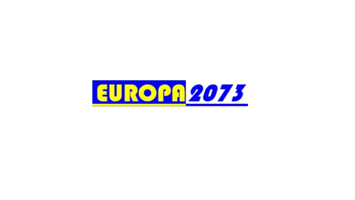 Europa 2073 in yellow and blue font
