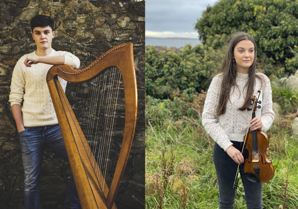 Caoimhe and Seamus with their instruments