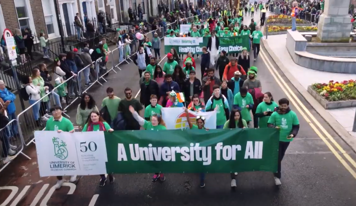 UL staff and students marching in the St. Patrick's Day Parade. 