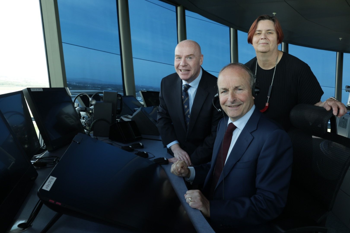 A group picture of UL President Kerstin Mey with Tánaiste Micheál Martin and Air Nav CEO Peter Kearney in Dublin Airport Control Tower