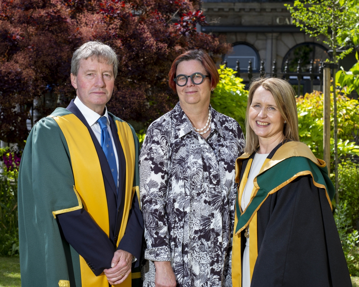 A picture of Professor Helen Kelly-Holmes with UL President Professor Kerstin Mey and Professor Pat Guiry, President of the Royal Irish Academy
