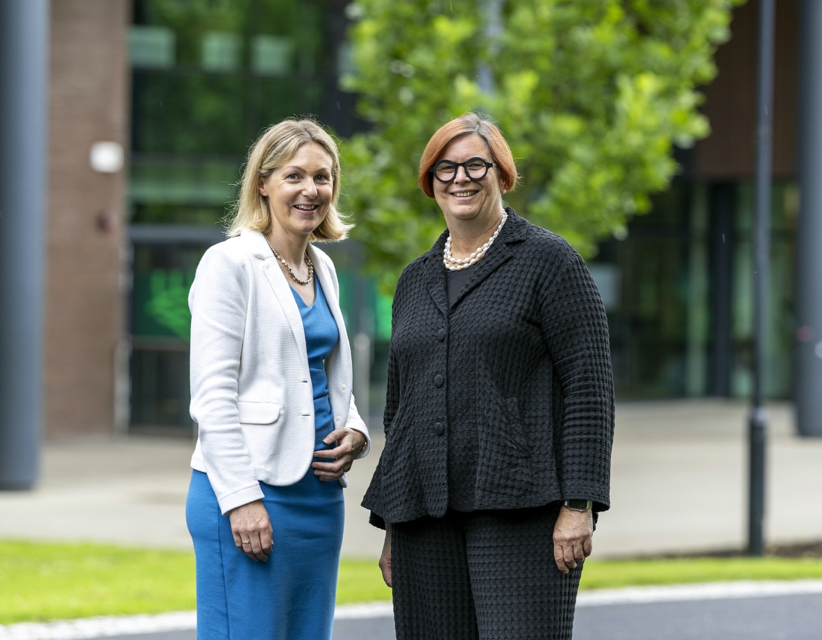 Vice President Research Professor Norelee Kennedy and UL President Professor Kerstin Mey pictured outside the library on the university campus