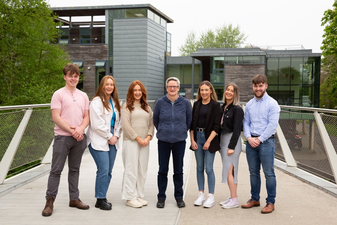 The University of Limerick students pictured with series producer Áine Hensey, a broadcaster with RTÉ RnaG, on the Living Bridge