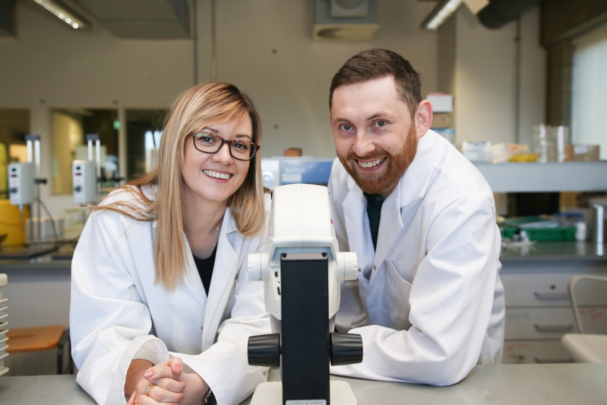 Dr Jennifer Cookman and Associate Professor Eoin Hinchy pictured in a laboratory in the Faculty of Science and Engineering at UL