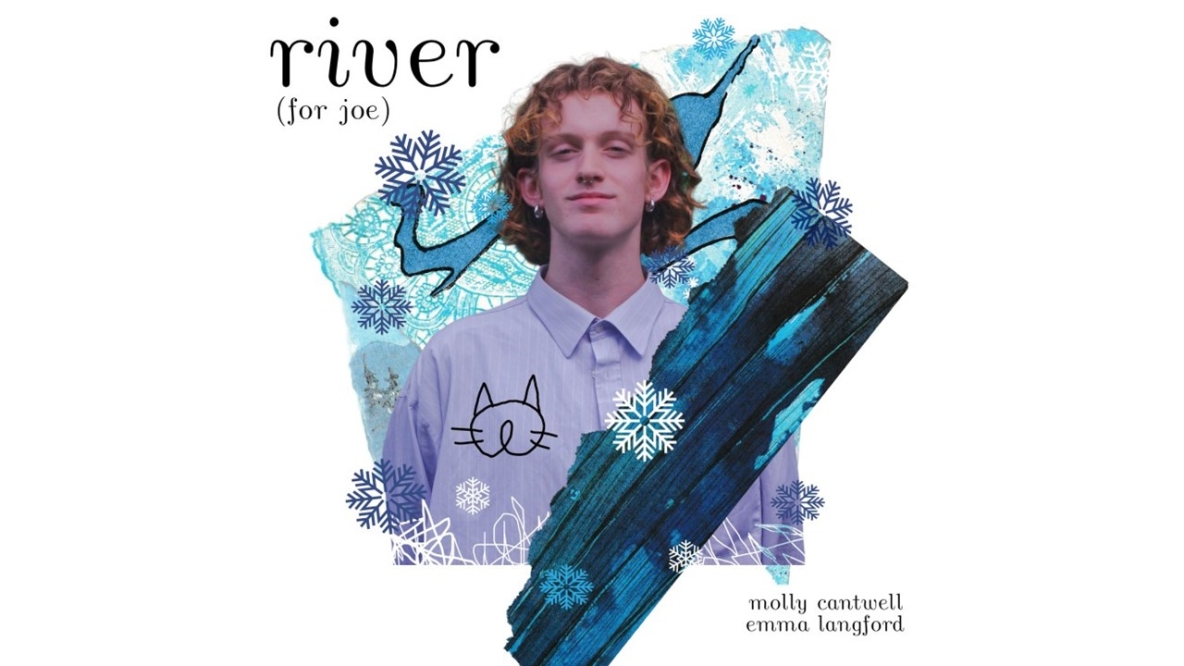 Text reads - River (for Joe). Image of Joe Drennan with cat doodle and teal paint surrounding him. 