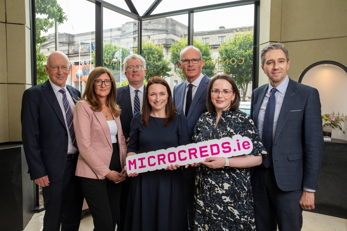 Pictured at the launch of MircoCreds.ie launch in July 2023. Jim Miley, Director General of IUA, Ger Carroll, University of Limerick, Professional Education Manager, Daire Keogh, President, DCU, Jools O’Connor, IUA MicroCreds Project Lead, Simon Coveney - Minister for Enterprise, Trade and Employment, Dr Emma Francis, Senior Project Officer for MicroCreds and Simon Harris, Minister for Further and Higher Education, Research, Innovation and Science