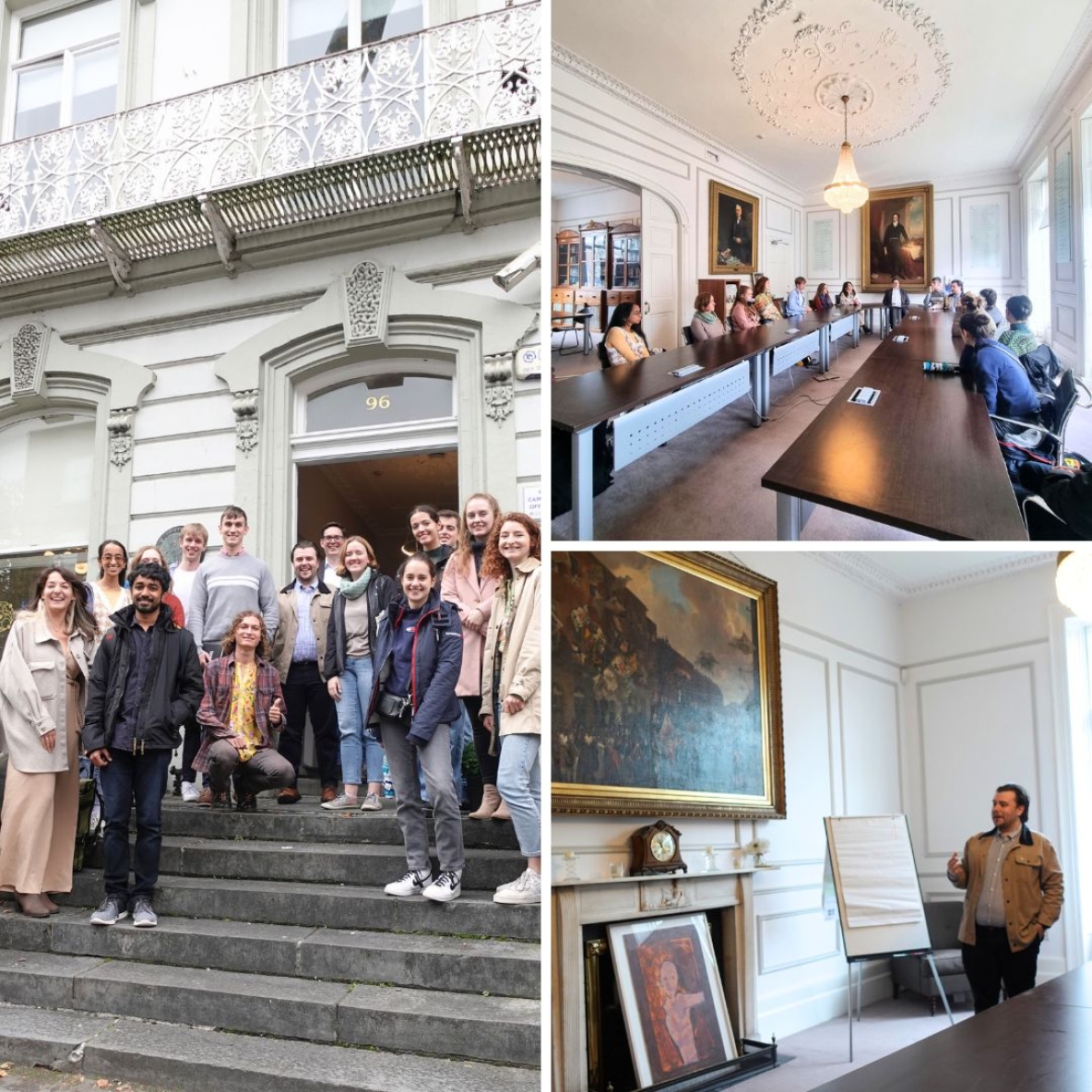 A collage of photos from the visit to Limerick Chamber. In one photo, the students and staff of Chamber are gathered on the entrance steps to the building. In the second photo, the students and staff are sat around a boardroom table engaged in discussion. In the final photo, a staff member is standing beside a wall-hung painting and explaining its history.