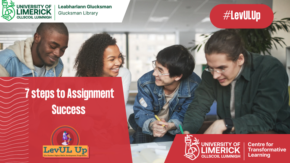 Poster for the 7 Steps to Assignment Success workshop provided by the Library as part of the LevUL Up programme.
