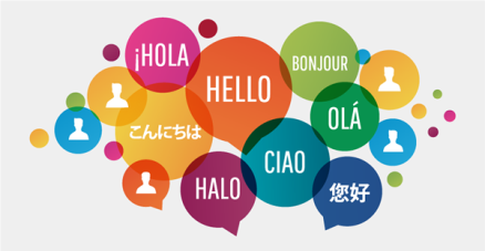speech bubbles with hello in seven different languages 