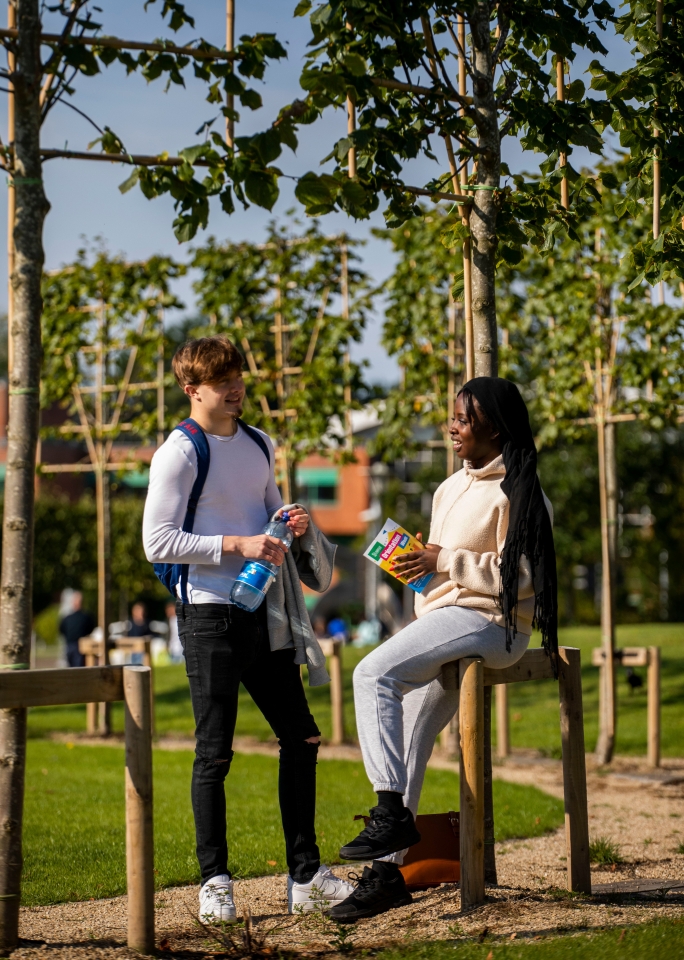 two students standing under trees and chatting