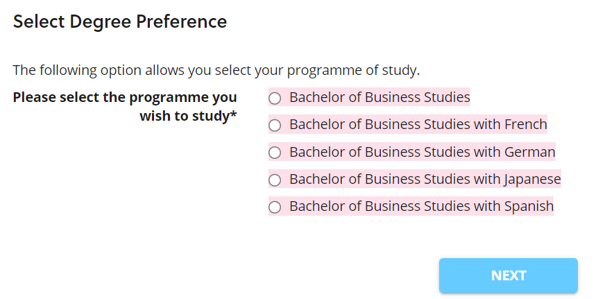 Screenshot of the Student Portal showing the options for you to select your course of study. For example: Bachelor of Business with Spanish.