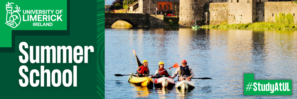Summer School Website Banner with picture of girls kayaking in front of king johns castle