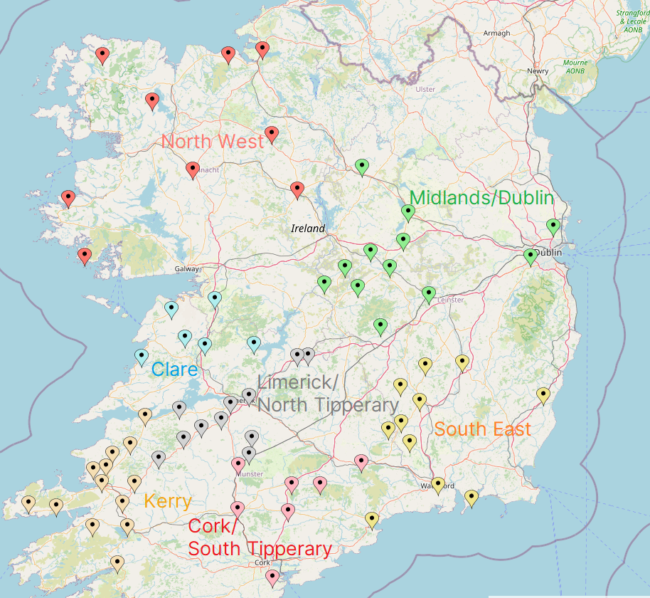 Map of Ireland showing all UL GP placement teaching practices