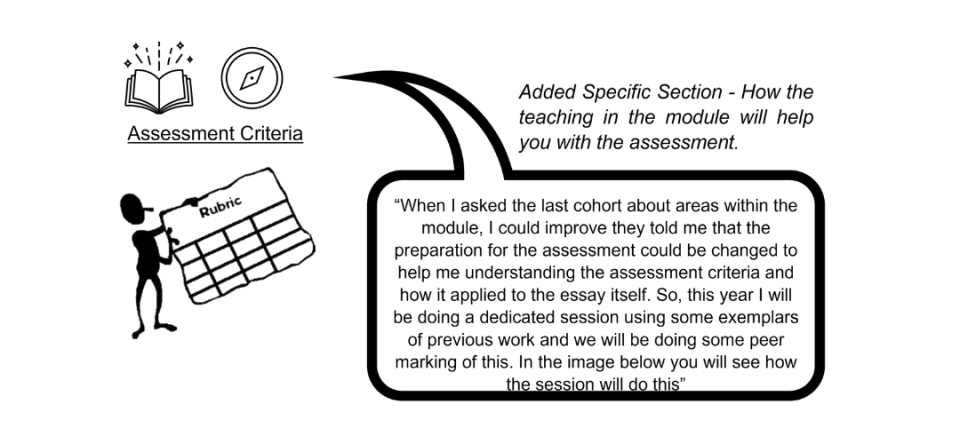An image containing a quote from a teacher talking about how teaching can help with assessment , full text in document attached