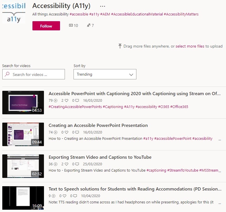 Screenshot of the Accessibility Channel on Microsoft Stream.