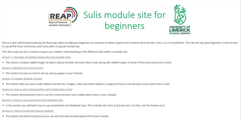 Screenshot of 'Sulis for Beginners' site homepage.