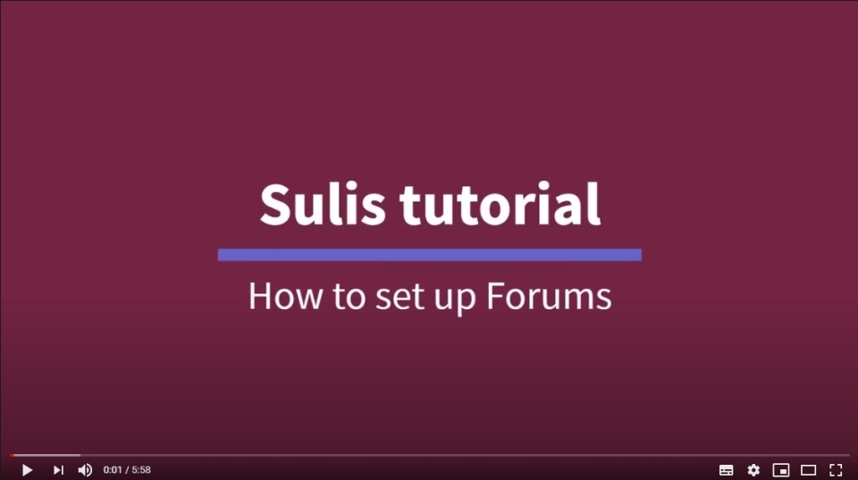 Screenshot of Sulis tutorial video title slide on how to set up discussion forums.