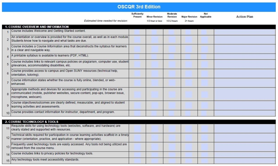 Figure 7: Screenshot showing some standards in the OSCQR Course Quality Review Rubric.