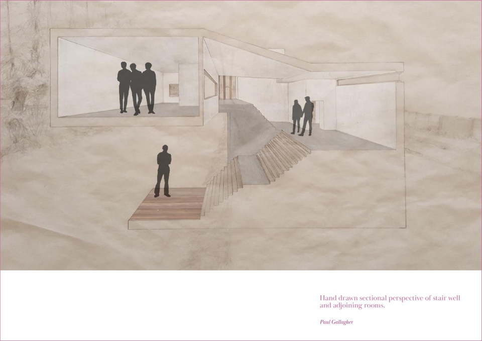 Hand drawn sectional perspective of stair well and adjoining rooms. Paul Gallagher.