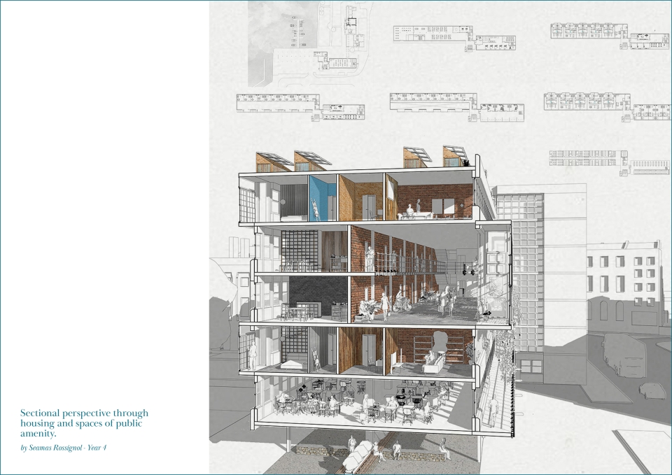 Section al perspective through houses and spaces of public amenity. Seamas Rossignol.