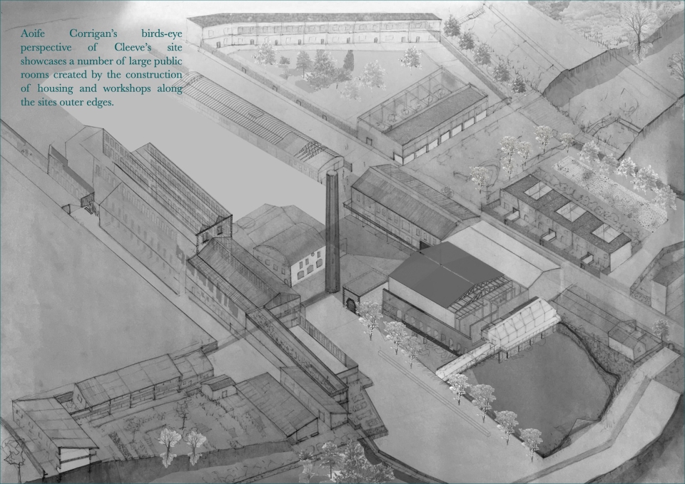 Aoife Corrigan’s birds-eye perspective of Cleeves site showcases a number of large public rooms created by the construction of housing and workshops along the sites outer edges.